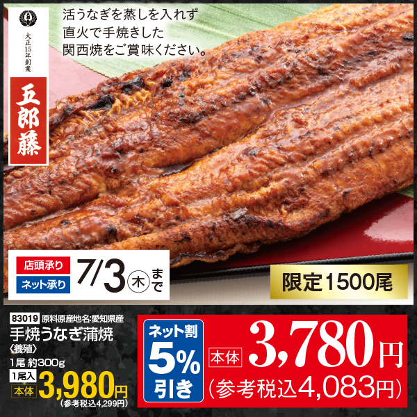 【7月31日受取】愛知県産　手焼うなぎ蒲焼〈養殖〉1尾約300g　1尾入