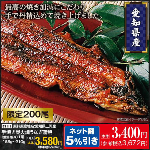 【7月31日受取】愛知県三河産　手焼き炭火焼うなぎ蒲焼〈養殖・解凍〉１尾入　185g～210g