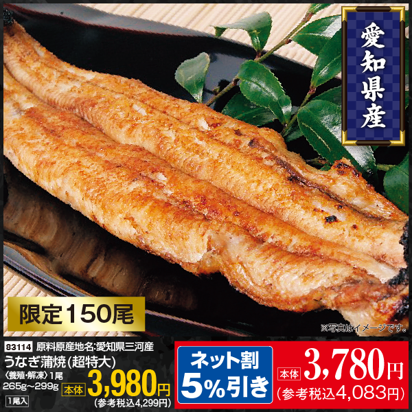 【7月31日受取】愛知県三河産　うなぎ蒲焼（超特大）〈養殖・解凍〉１尾入　265g～299g